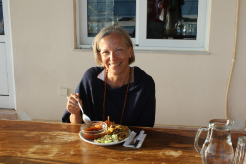 Anita enjoys yoga retreat delicious lunch
