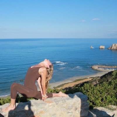 coral brown deep lunge yoga holiday