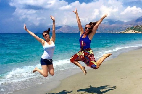 Sarah and Mags jumping on Triopetra Beach