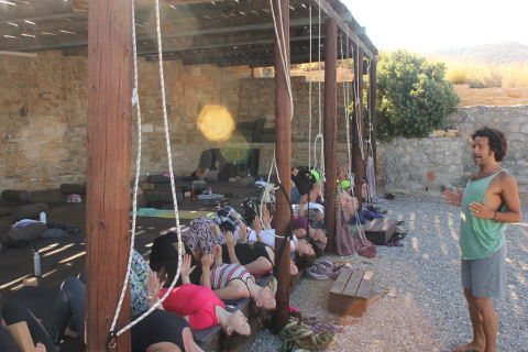 Setu bandhasana variation at Yoga Rocks Crete