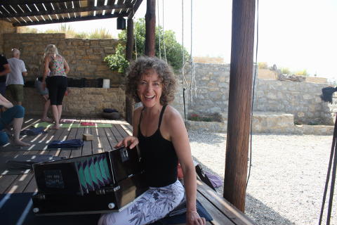 Josie Sykes and harmonium on retreat in Crete