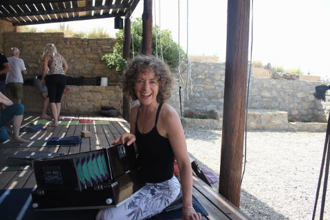 Josie Sykes and harmonium on retreat in Crete