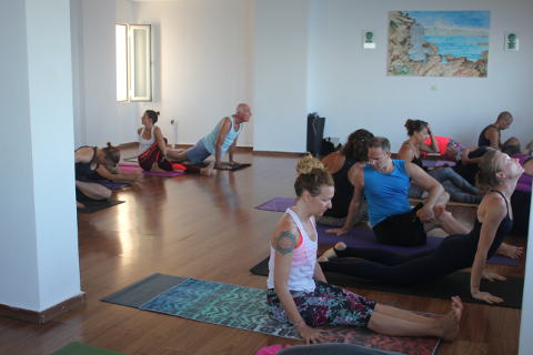 Ashtanga self practice in the indoor shala at Yoga Rocks