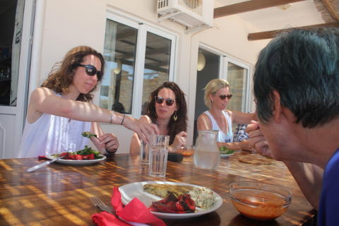 Vicky, Loes and Signe and Maya enjoy lunch on yoga retreat