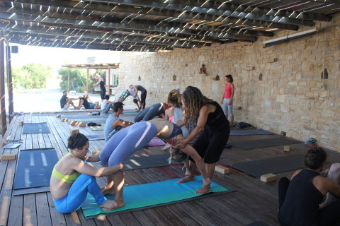 Working together on the yoga deck in Crete