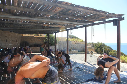 Parsvakonasana on the deck at Yoga Rocks