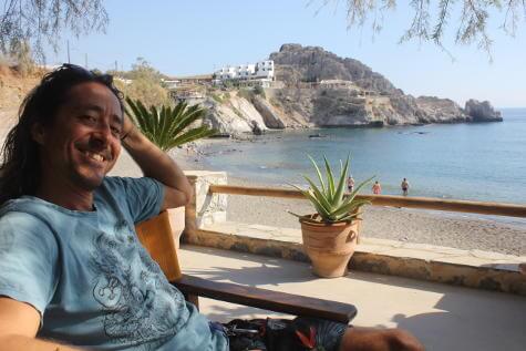 The view of Agios Pavlos bay to Yoga Rocks from beach taverna