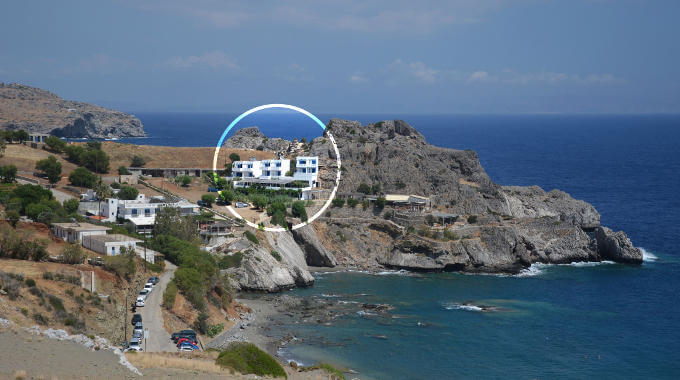 The position of Yoga Rocks retreat on Agios Pavlos bay