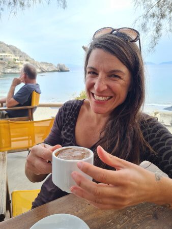 Drinking Greek coffee on the beach near Yoga Rocks