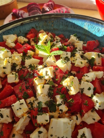 Watermelon salad with Cretan feta and mint on the yoga retreat buffet
